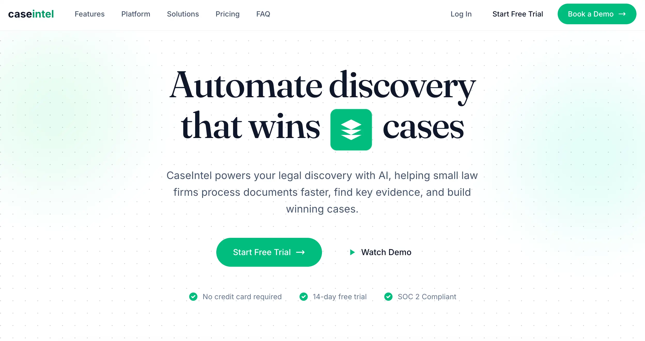CaseIntel.io legal discovery platform homepage showcasing AI-powered case analysis for law firms