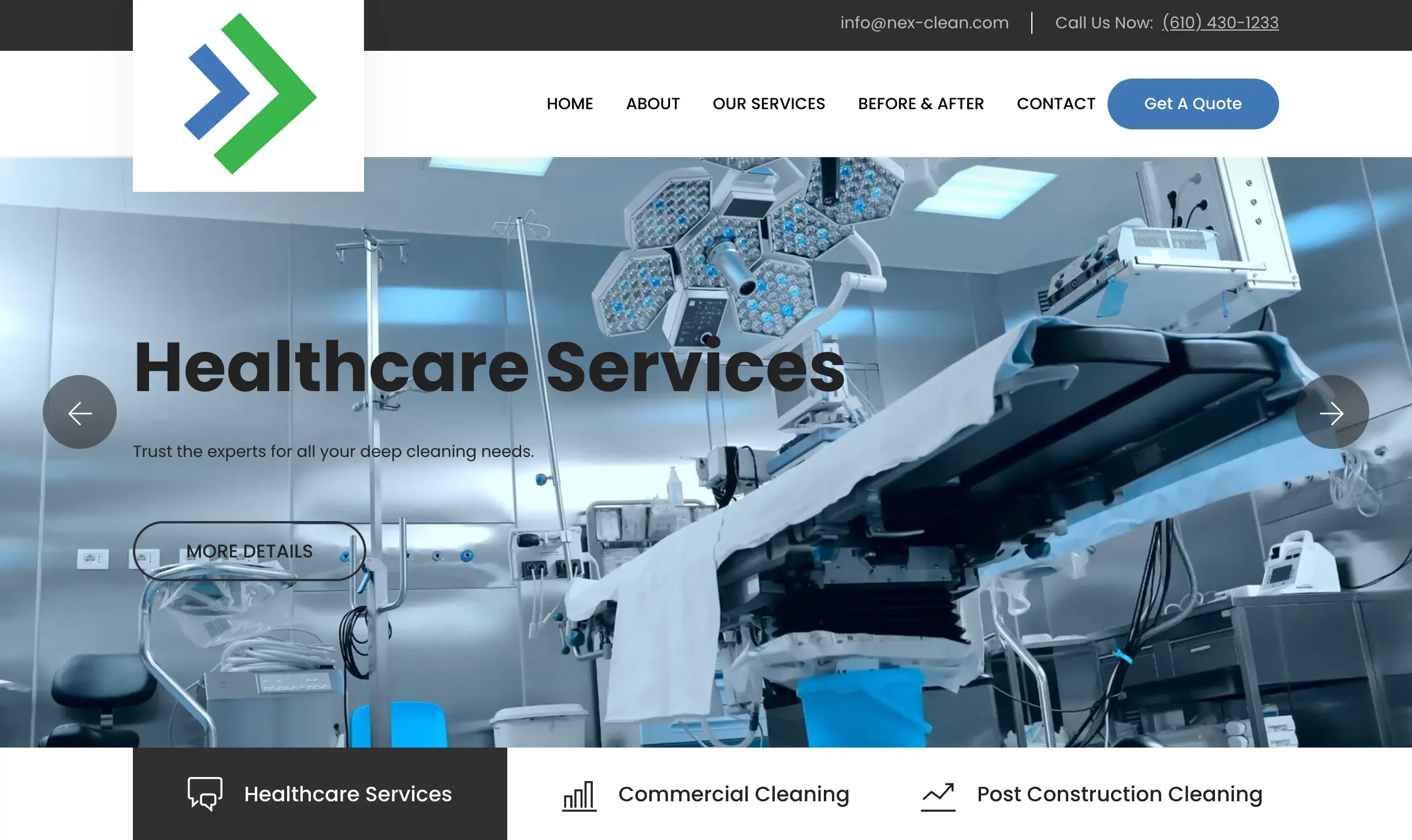 NEXClean commercial cleaning website homepage showcasing professional cleaning services and modern web design